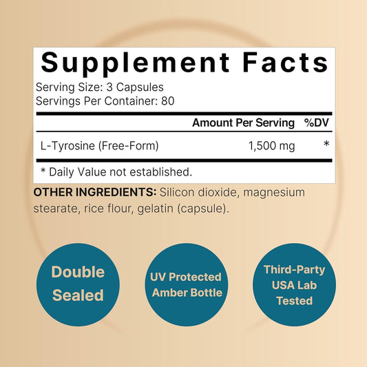 L Tyrosine Supplement, 1,500Mg Per Serving, 240 Capsules | Essential Amino Acids – Brain Health Support For Memory, Cognitive Health, And Mental Alertness – Non-Gmo