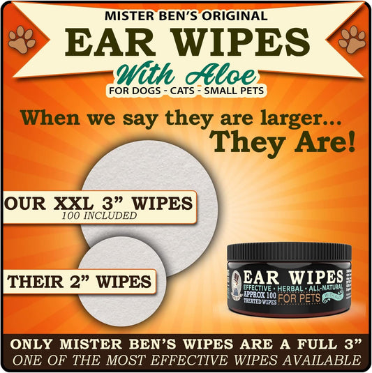 Mister Ben'S Original Xxl Treated Ear Cleaner Wipes W/Aloe For Dogs, Cats Small Pets – Most Effective Wipes That Soothe & Clean Odors, Itching, And Irritations – Approx 100 Extra Large 3" Pads
