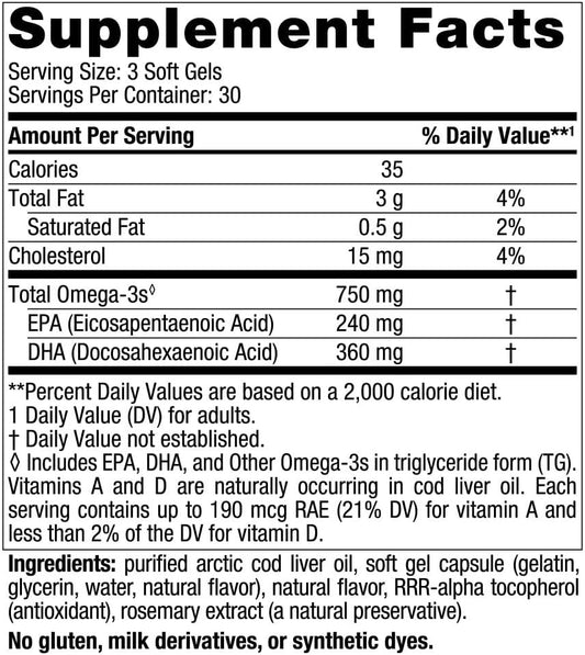 Nordic Naturals Arctic Cod Liver Oil, Lemon - 90 Soft Gels - 750 mg Total Omega-3s with EPA & DHA - Heart & Brain Health, Healthy Immunity, Overall Wellness - Non-GMO - 30 Servings