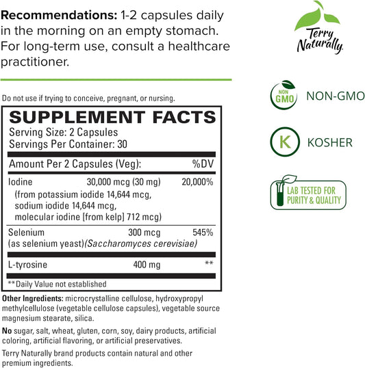 Terry Naturally Thyroid Care Plus - 60 Capsules - With Selenium, Iodine & L-Tyrosine - Non-Gmo, Gluten Free, Kosher - 30 Servings
