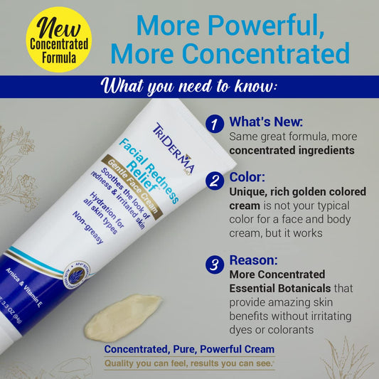 Triderma Facial Redness Relief Gentle Face Cream, Soothing & Relieving Daily Moisturizer For Redness, Repair Uneven Skin Tone, Irritated Or Sensitive Skin | Day/Night | (2.2 Oz. Tube)