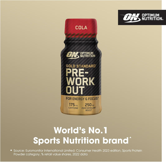 Optimum Nutrition Gold Standard Pre-Workout Energy Shot, Ready To Drink Food Supplement With Beta Alanine, Caffeine, Performelon Boost And Vitamin B6 And B12, Cola Flavour, 12-Pack, 12 X 60 Ml