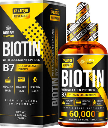 Pure Research Liquid Biotin & Collagen Hair Growth Drops 60,000Mcg - Biotin And Liquid Collagen Supplement For Men & Women - Glowing Skin Support, Healthy Hair & Nail Growth - 2Oz