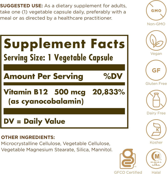 Solgar Vitamin B12 500 Mcg - 100 Vegetable Capsules - Energy Metabolism & Nervous System Support - Non-Gmo, Vegan, Gluten & Dairy Free, Kosher, Halal - 100 Servings