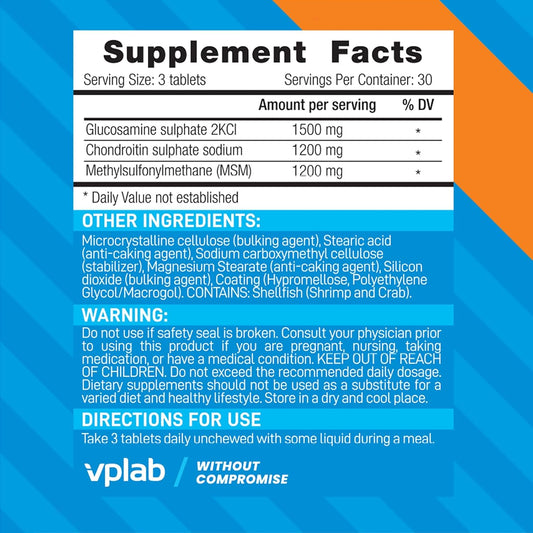 Vplab Glucosamine Chondroitin Msm Complex - Triple Strength Formula Supplement For Joint Support & Mobility - Glucosamine Sulphate 2Kcl, Chondroitin Sulphate Sodium & Methylsulfonylmethane, 90