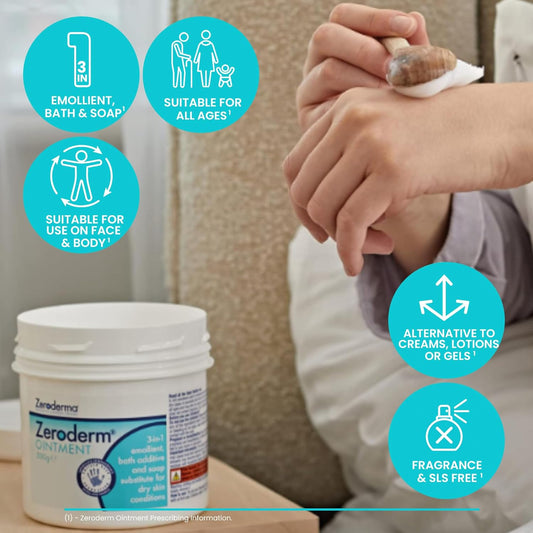 Zeroderma Zeroderm Ointment, Rich 3-In-1 Emollient, Soap Substitute & Bath Additive, For Dry Skin Conditions Such As Eczema, Ichthyosis & Other Dry Skin Conditions. 500G