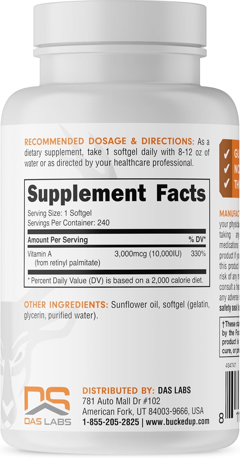 Bucked Up Vitamin A 10000IU Per Serving, Essentials (240 Servings, 240 Softgels) : Health & Household