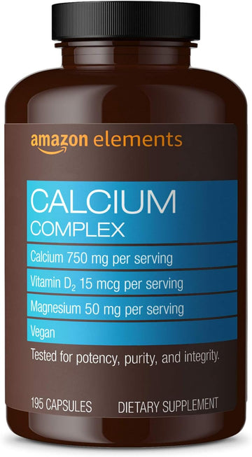 Amazon Elements Calcium Complex With Vitamin D, 250 Mg Calcium (3 Per Serving), Vegan, 195 Capsules (Packaging May Vary), Supports Strong Bones And Immune Health