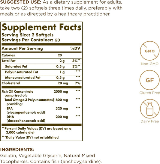 Solgar Omega-3 Fish Oil Concentrate - 120 Softgels - Support for Cardi