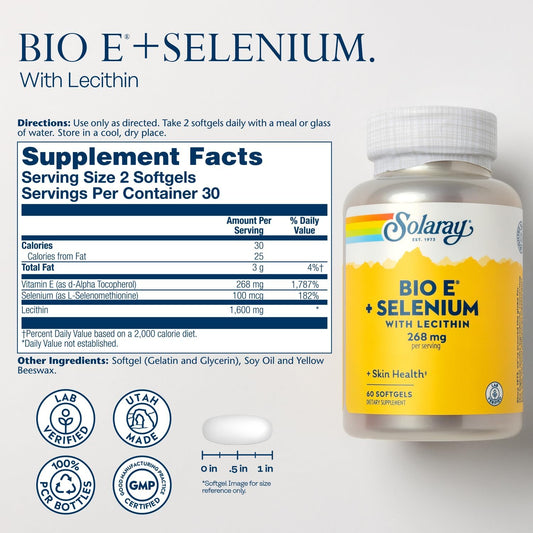 Solaray Bio Vitamin E With Selenium 400Iu Healthy Heart Function, Antioxidant Activity & Skin Support High Absorption 120 Softgels