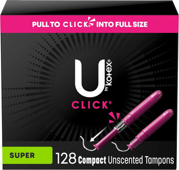 U By Kotex Click Compact Tampons, Super Absorbency, Unscented, 128 Count (8 Packs Of 16) (Packaging May Vary)