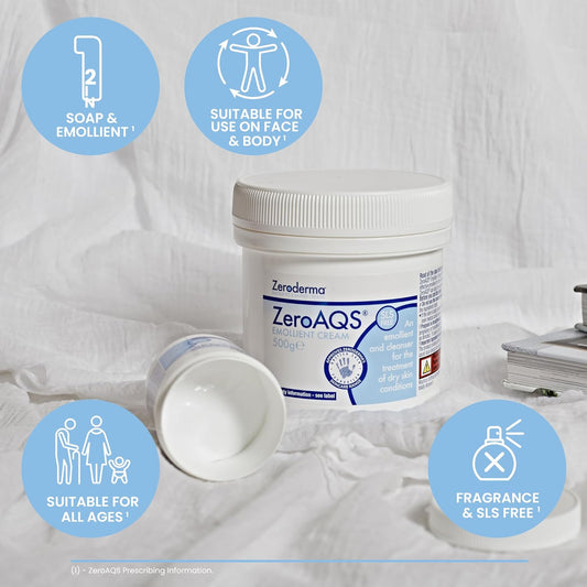 Zeroderma Zeroaqs Emollient Cream, 2-In-1 Emollient & Soap Substitute, Adds Moisture For The Relief Of Flaking Dry Skin Conditions. 500G