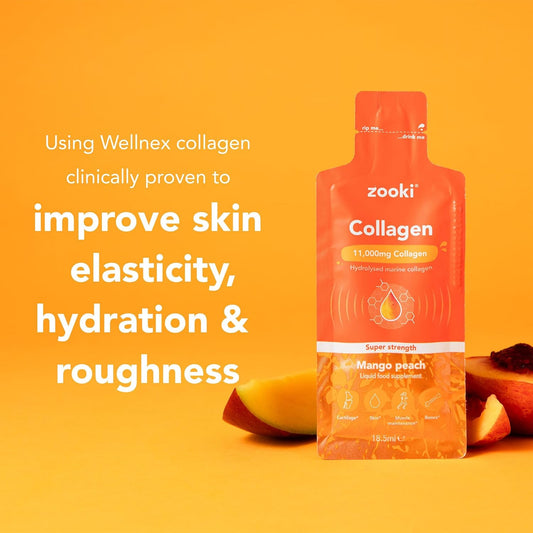 Zooki Super Strength Marine Collagen Liquid Sachets 11,000Mg – Great Taste, Sugar Free – Highest Strength Marine Collagen Supplements For Women & Men – Skin, Joints & Hair (Mango Peach, 30 Servings)