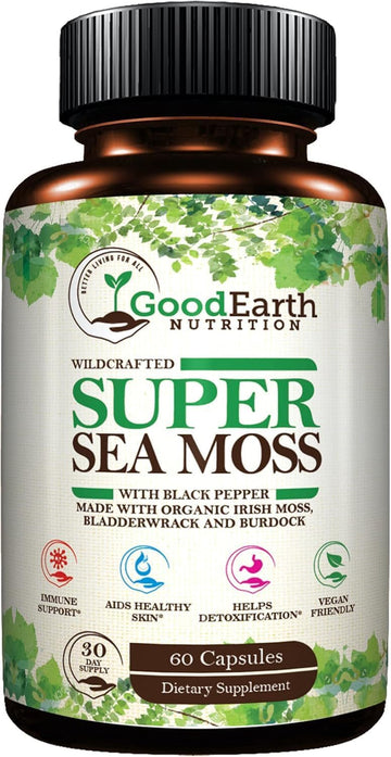 Vegan Organic Irish Sea Moss Capsules - Bladderwrack & Burdock Root Supplement - Raw & Wildcrafted Super Seamoss - Immune Support - Aids Healthy Thyroid & Skin - Helps Detoxification
