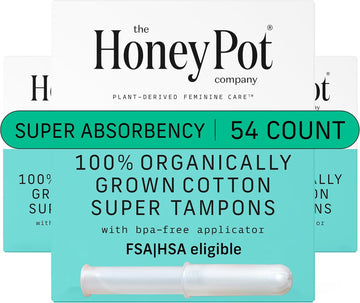 The Honey Pot Company - Super Absorbency - 100% Organic Cotton Core Tampons W/Bio Plastic Applicator - Feminine Care – Unscented - 18 Count