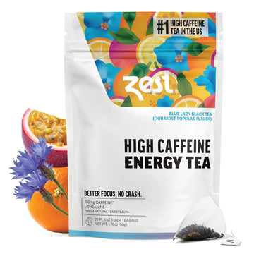Zest 150Mg High Caffeine Energy Leaf Blend - Blue Lady Black Tea - 20 Pack Bag - Hot Or Iced - All Natural Strong Flavored Healthy Coffee Alternative Highly Caffeinated Substitute - Perfect For Keto
