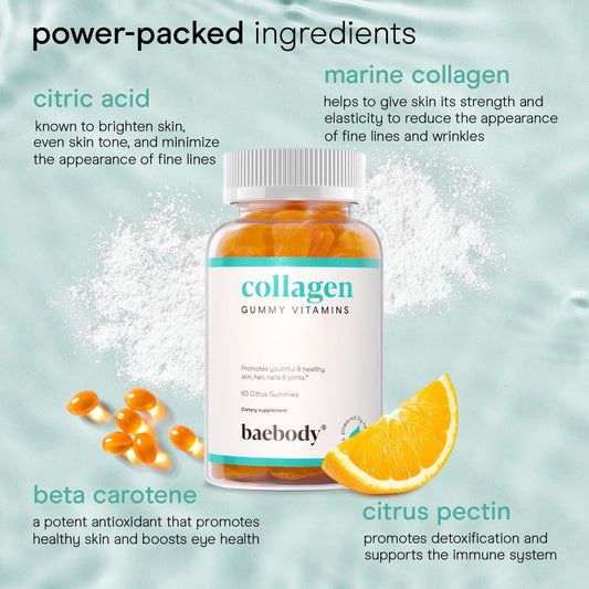 Baebody Collagen Gummies For Women, Protein Gummies For Men, Collagen Supplements For Women Gummies, Collagen Vitamins In Citrus Flavor (60 Count) Promotes Healthy Hair, Skin, Nails And Joints
