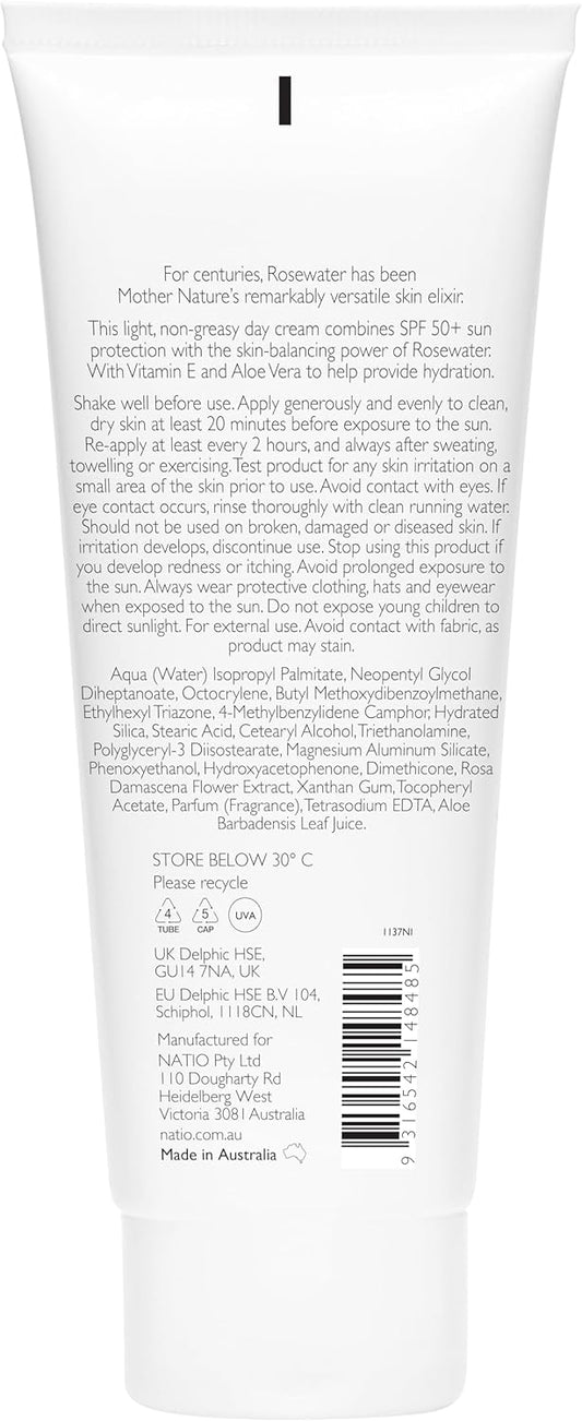 Natio Australia Rosewater Hydration Moisture Balance Day Cream Spf 50, 90 Ml - Face Sunscreen Moisturiser With Rose, Aloe - Sunscreen For Face