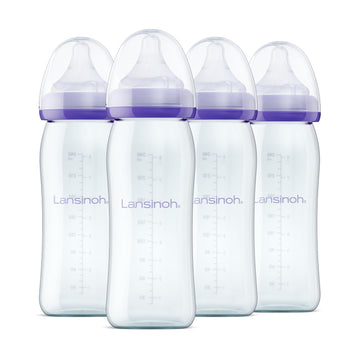 Lansinoh Anti-Colic Glass Baby Bottles For Breastfeeding Babies, 8 Ounces, 4 Count Bottles For Feeding, Baby Essentials, Includes 4 Medium Flow Nipples, Size M