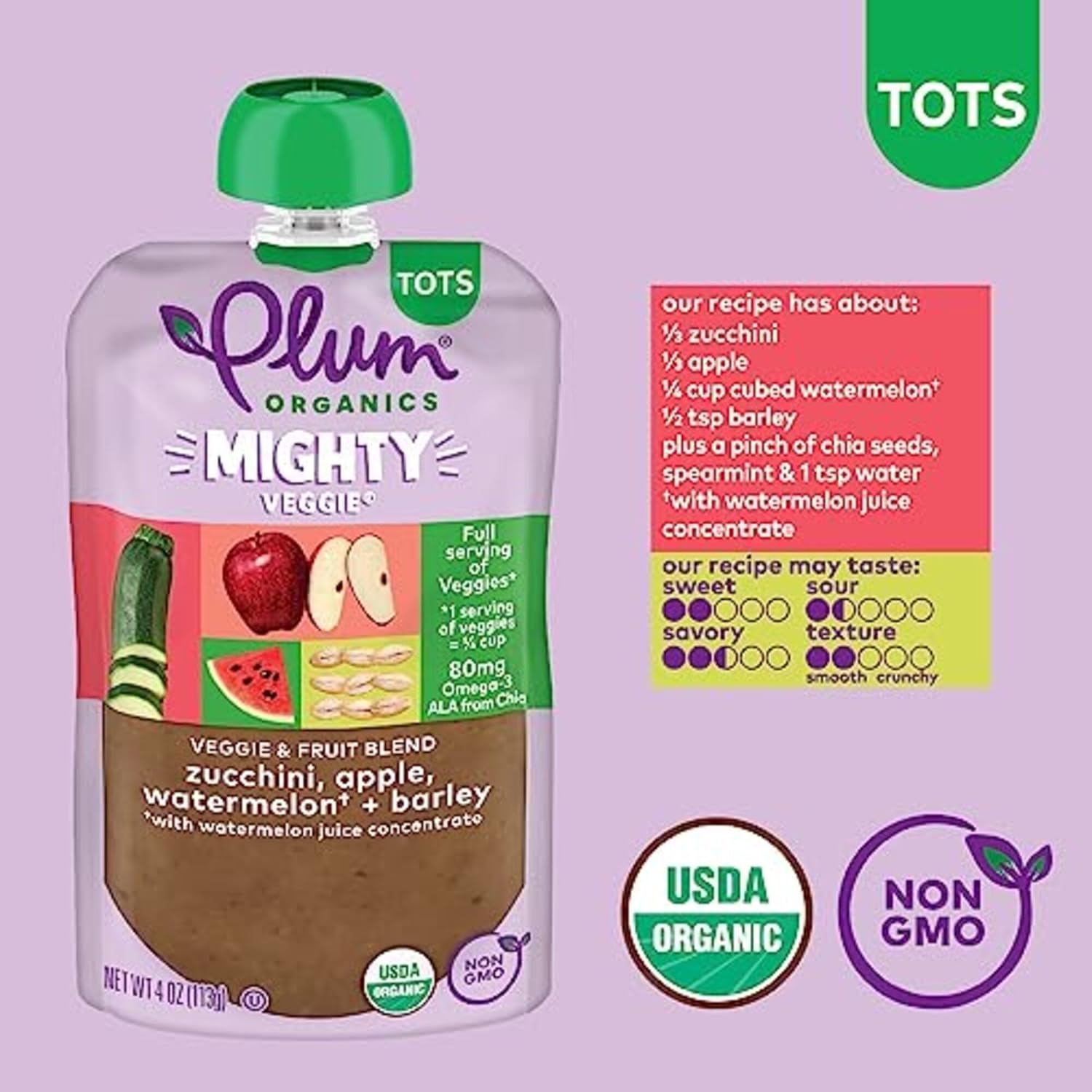 Plum Organics Mighty Veggie Organic Toddler Food - Zucchini, Apple, Watermelon, and Barley - 4 oz Pouch (Pack of 6) - Organic Vegetable Toddler Food Pouch : Everything Else