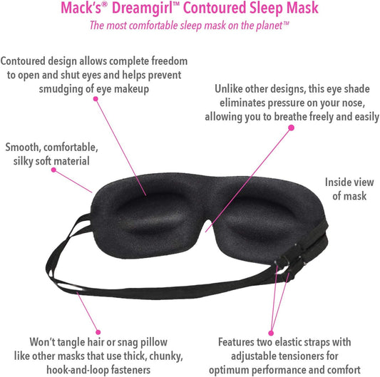Macks Dreamgirl Contoured Sleep Mask  Pink, Comfortable, Adjustable, 2 Strap Eye Mask With Macks Dreamgirl Soft Foam Earplugs