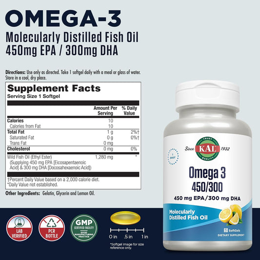Kal 450/300 1280 Mg Omega 3, Lemon, 60 Count