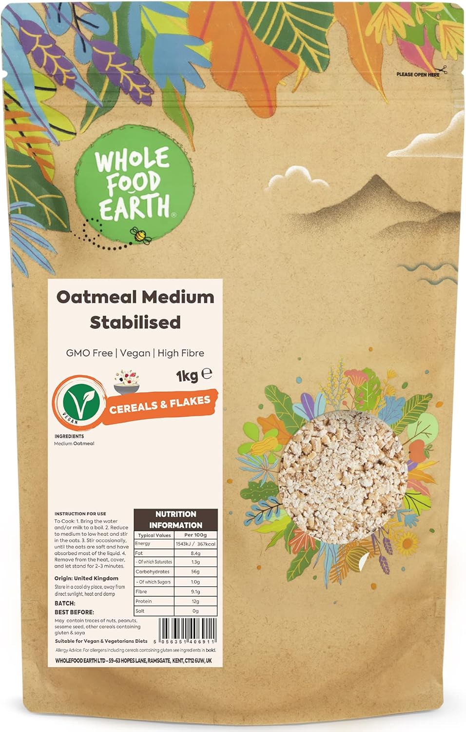 Wholefood Earth Oatmeal Medium Stabilised 1 Kg | Gmo Free | High Fibre