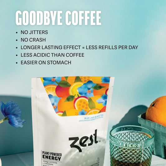 Zest 150Mg High Caffeine Energy Leaf Blend - Blue Lady Black Tea - 20 Pack Bag - Hot Or Iced - All Natural Strong Flavored Healthy Coffee Alternative Highly Caffeinated Substitute - Perfect For Keto