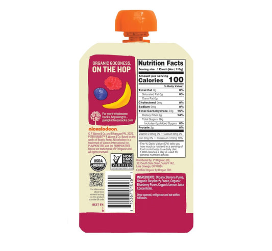 Pumpkin Tree Peter Rabbit Organics, Organic Raspberry, Banana And Blueberry 100% Pure Fruit Snack, 4 Oz. Squeeze Pouches (Pack Of 10)
