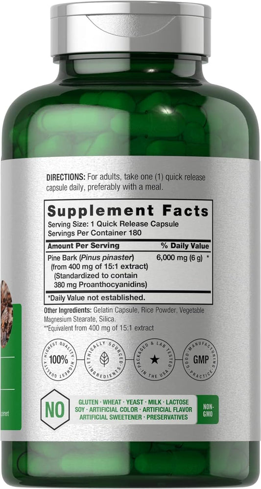 Pine Bark Extract | 6000 Mg | 180 Capsules | Standardized To Contain 3