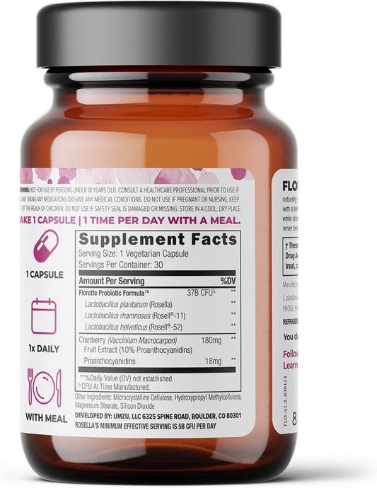 Umzu Florette - Vaginal & Urinary Tract Health Supplement To Support Vaginal Ph, Cranberry Fruit Extract, Advanced Probiotic, Shelf Stable - (30 Day Supply 30 Capsules)
