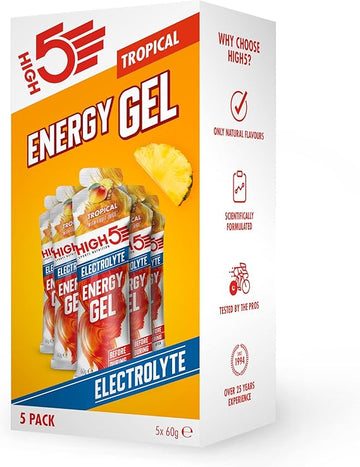High5 Energy Gels With Electrolytes - Quick Release Sports Gels For Peak Performance - Natural Fruit Juice & Caffeine-Free - Energy Boost For Running, Cycling, Endurance (Tropical, 5 X 60G)