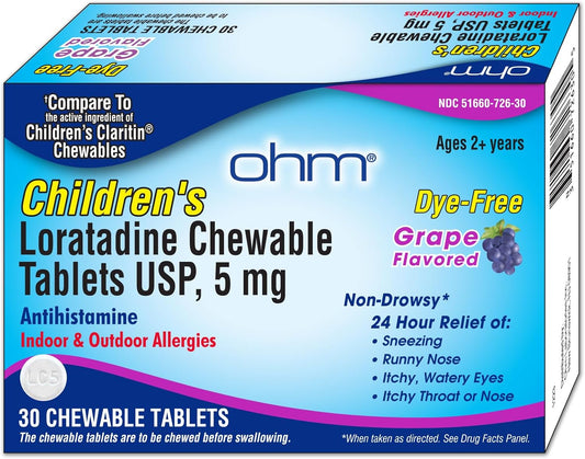 Ohm Children’S Chewable Tablets, Dye Free, Grape, Non-Drowsy 24H Relief Of Sneezing, Runny Nose, Itchy Watery Eyes, Itchy Throat Or Nose, Antihistamine, Indoor & Outdoor Allergies, 5Mg, 60 Tablets