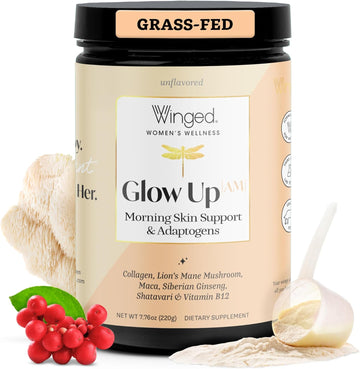 Winged Wellness Glow Up Am, Collagen Powder For Women - Morning Beauty Supplement For Glowing Skin With Grass-Fed Hydrolyzed Collagen Peptides, Lion'S Mane & Maca Root - 21 Servings, Unflavored