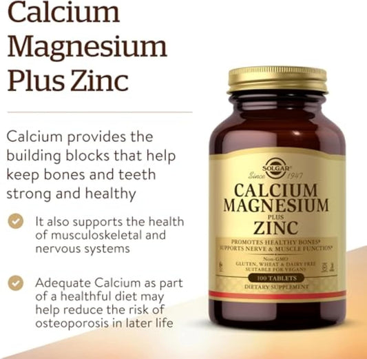 Solgar Calcium Magnesium Plus Zinc, 100 Tablets - Promotes Healthy Bones And Teeth - Supports Nerve & Muscle Function - Non Gmo, Vegan, Gluten Free, Dairy Free, Kosher, Halal - 33 Servings