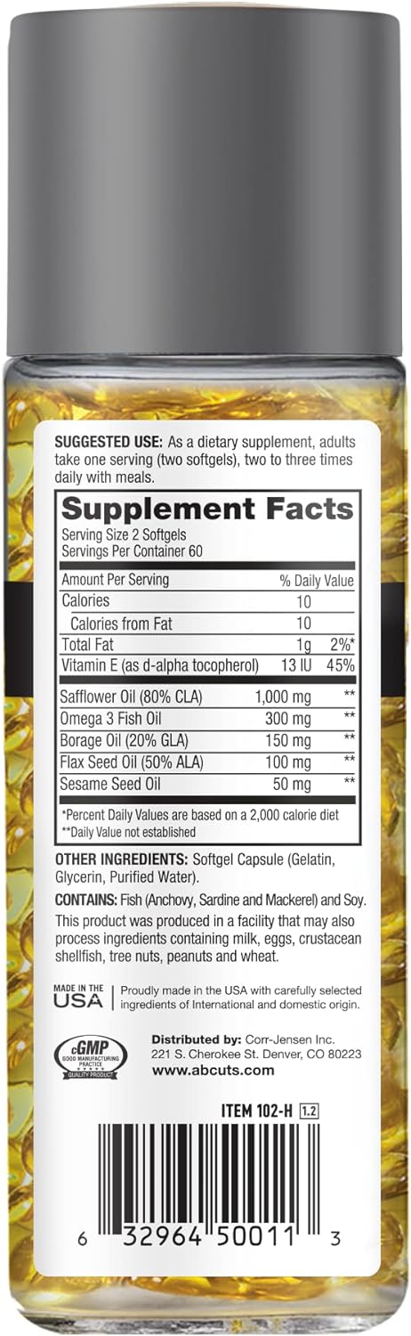 Abcuts Cla Belly Fat Formula - 120 Easy-To-Swallow Softgels - Omega 3 Fish Oil, Flaxseed Oil And Vitamin E - Helps Increase Antioxidant Supply And Healthy Body Composition