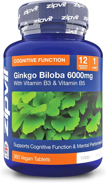 Zipvit High Strength Ginkgo Biloba 12000Mg With Vitamins B3 & B5, 180 Vegan Tablets, Supports Memory, Focus, Brain Health & Cognitive Wellness, Standardised 50:1 Leaf Extract, 3 Months Supply
