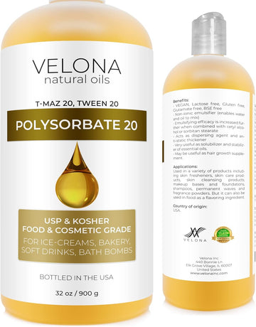 Polysorbate 20 by Velona - 32 oz | Solubilizer, Food & Cosmetic Grade | All Natural for Cooking, Skin Care and Bath Bombs | Use Today - Enjoy Results