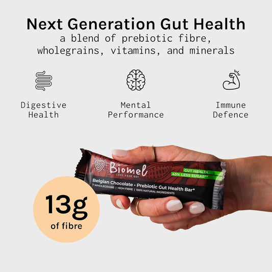 Biomel Prebiotic Gut Health Bars - Natural Ingredients - High Fibre - 45% Less Sugar - 12 Bars (Belgian Chocolate)