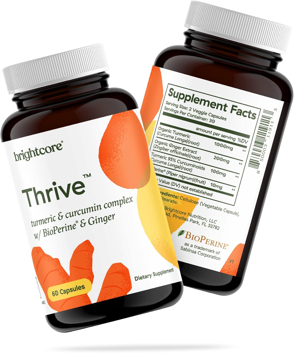 Brightcore Thrive Turmeric Curcumin With Black Pepper Bioperine And Ginger Complex, Turmeric And Ginger Supplement, 30 Servings, 90 Capsules Nutrition : Health & Household