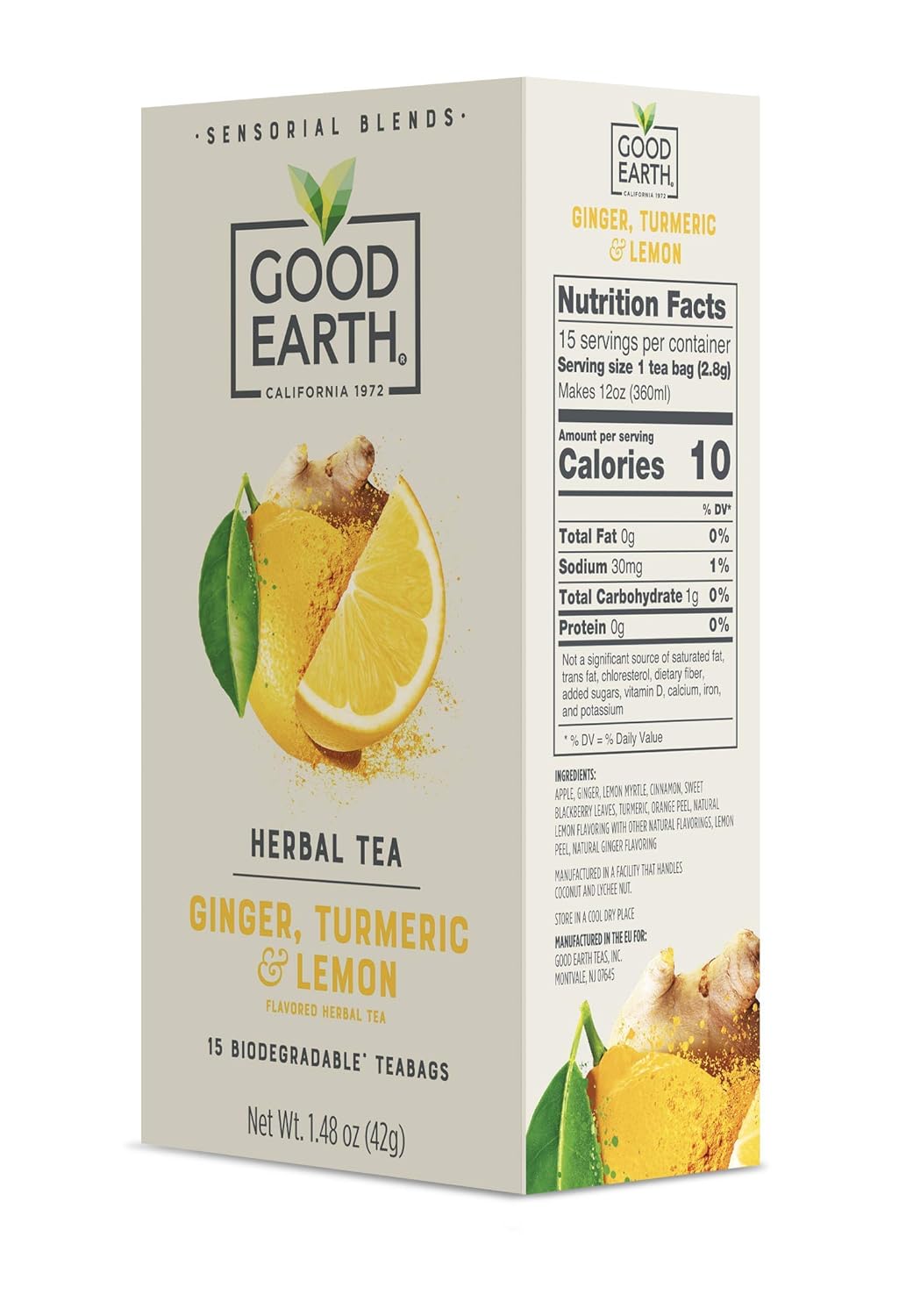 Good Earth Sensorial Blend All Natural Ginger, Turmeric And Lemon Herbal Tea, 15 Count, Pack Of 5