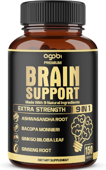 Agobi 9In1 Brain Support Supplement - Blended With Ashwagandha, Panax Ginseng, Gotu Kola, Ginkgo Biloba, Black Pepper & More - Accuracy, Focus, Memory & Energy Booster - 150 Capsules For 5 Months