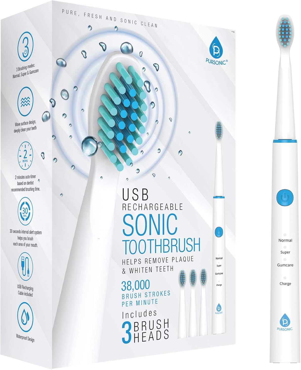 Pursonic Sonic Technology Electric Toothbrush For Kids And Adults, 2 Minute Timer Powered Rechargeable Toothbrush, 5 Modes 3 Brush Heads, 30 Days Long Battery Life, Waterproof, White : Health & Household