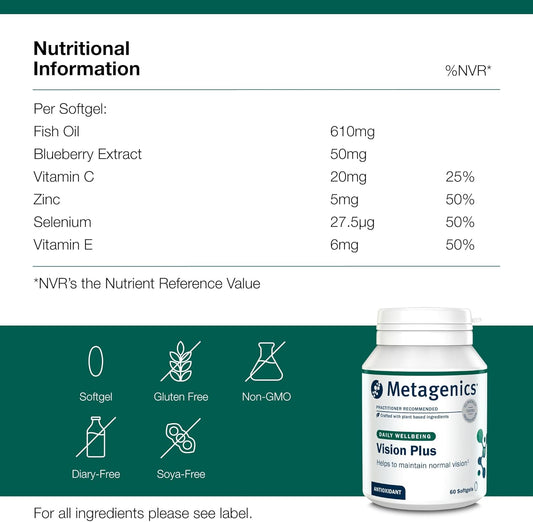 Metagenics Vision Plus - Vitamin & Mineral Complex With Dha, Carotenoids, And Antioxidants For Eye Health - 60 Capsules