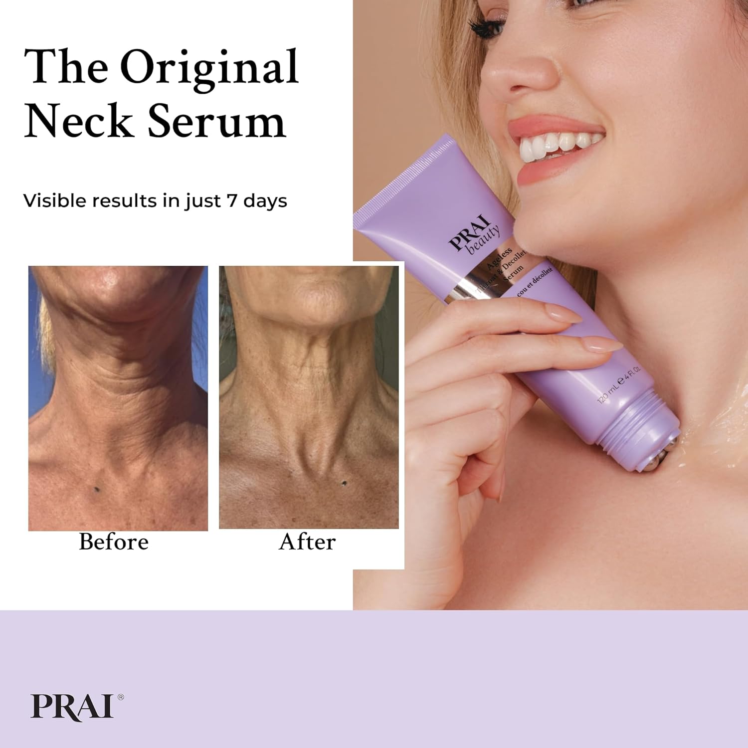 PRAI Ageless Throat & Decolletage Serum 120ml with Rollerball Applicator - Anti-Ageing, Collagen Boosting Skincare - Firms Skin, Smooths Wrinkles, Boosts Collagen, Lifts & Hydrates Neck & Decolletage : Amazon.co.uk: Beauty