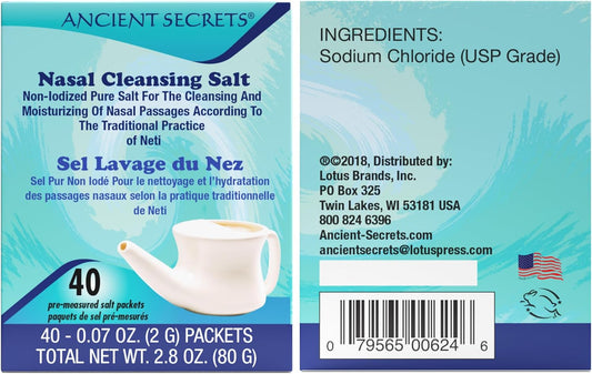 Ancient Secrets Nasal Cleansing Salt, Non-Iodized – Usp-Grade Sodium Chloride, 40 Pre-Measured Packets For Any Neti Pot, Sinus Irrigation System + Bonus Pack