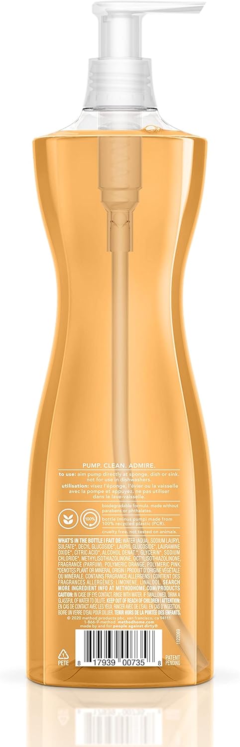 Method Gel Dish Soap, Clementine Scent, Biodegradable Formula, Tough On Grease & Stuck-On Food, Cruelty Free Formula, Made With Recycled Plastic, 18 Fl Oz