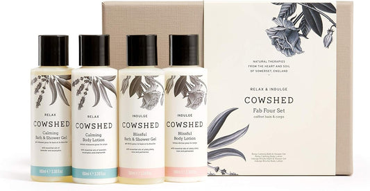 Cowshed Fab Four Set - 4 X 100 Ml - Luxury Gift Sets For Women - Calming Bath & Shower Gel - Calming Body Lotion - Blissful Bath & Shower Gel - Blissful Body Lotion - Travel-Friendly Set
