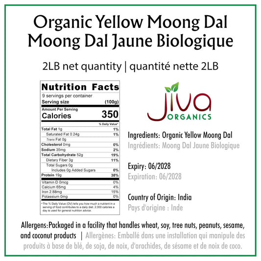 Jiva Organic Yellow Moong Dal 2 Lb - Non-Gmo, Gluten Free - Great For Kitchari - Split Yellow Mung Beans