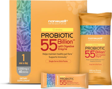 12 Strains Probiotic 55 Billion Cfu With Digestive Enzymes Powder - Immune Support, Gut Health, Probiotics, Prebiotics & Postbiotics - 60 Sticks, 60 Day Supply